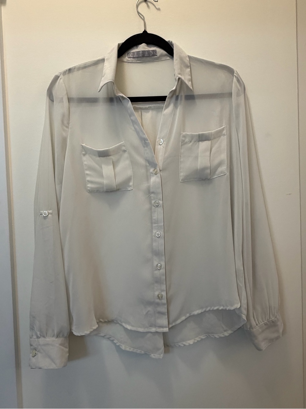 Semi-Sheer White Button-Front Blouse with Chest Pockets - Women